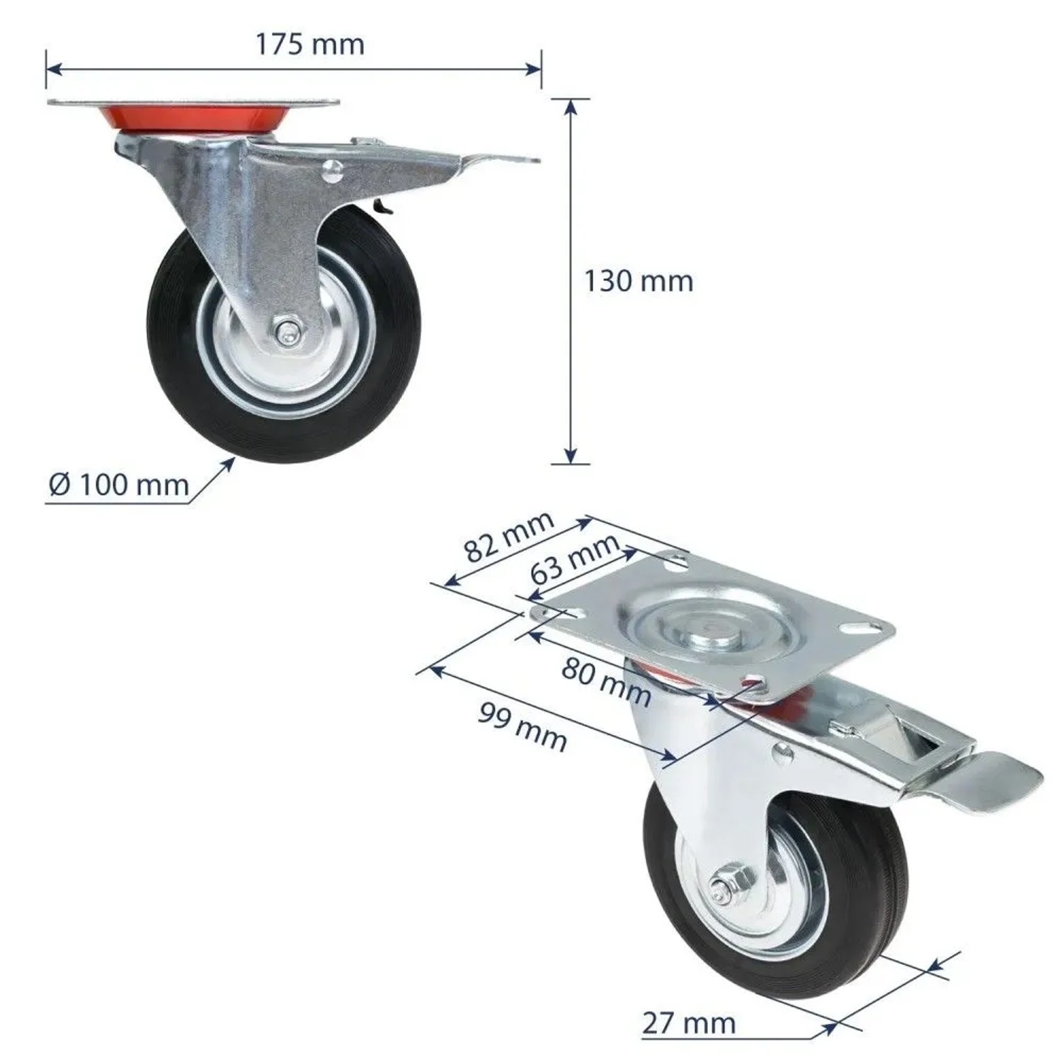 HMF Schwerlastrolle mit Bremse, 100 mm Vollgummi-Rad, verzinktes Gehäuse. Detailansichten mit Maßen.