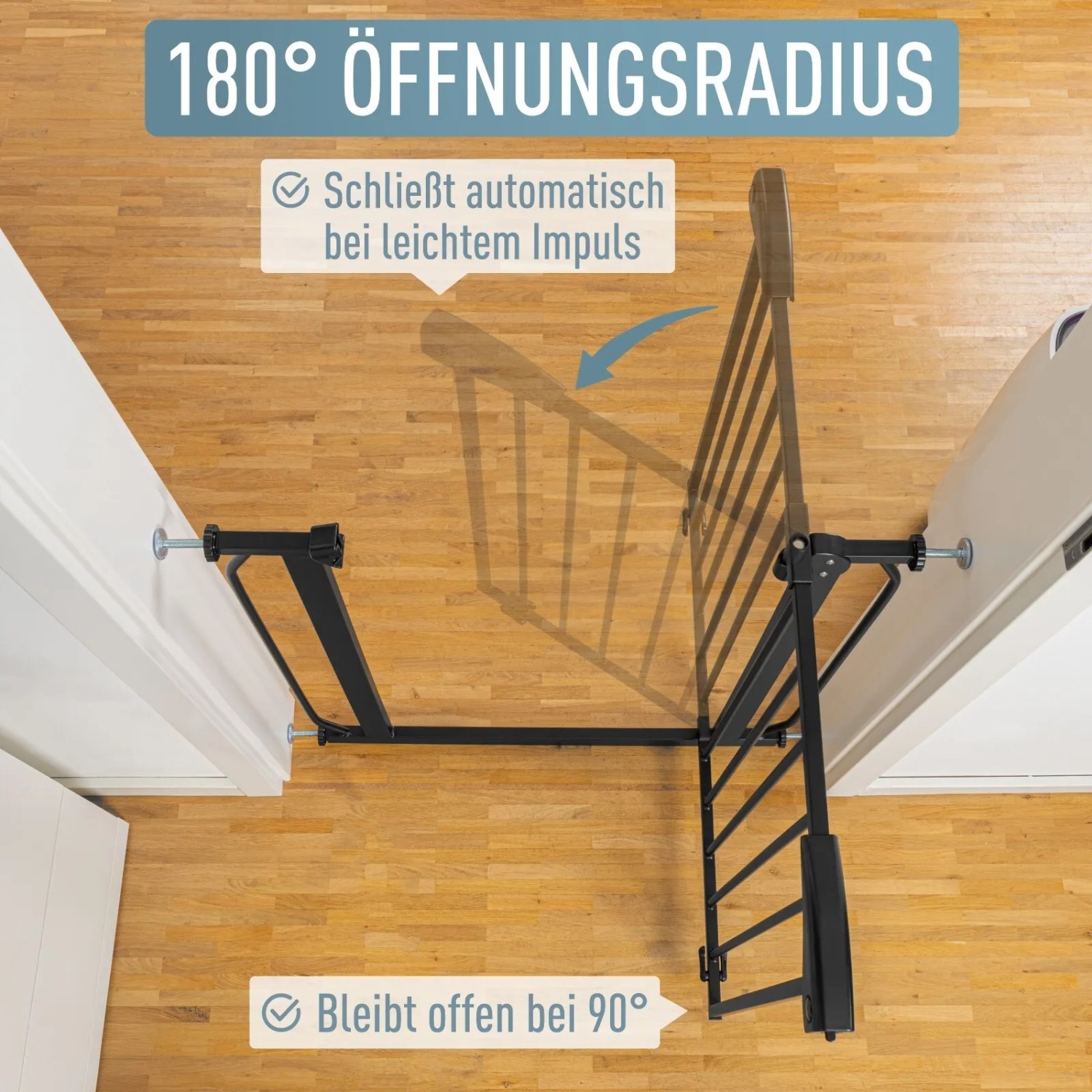 ib style Türschutzgitter Berrin, schwarz, mit 180° Öffnungsradius und 90° Stoppfunktion.