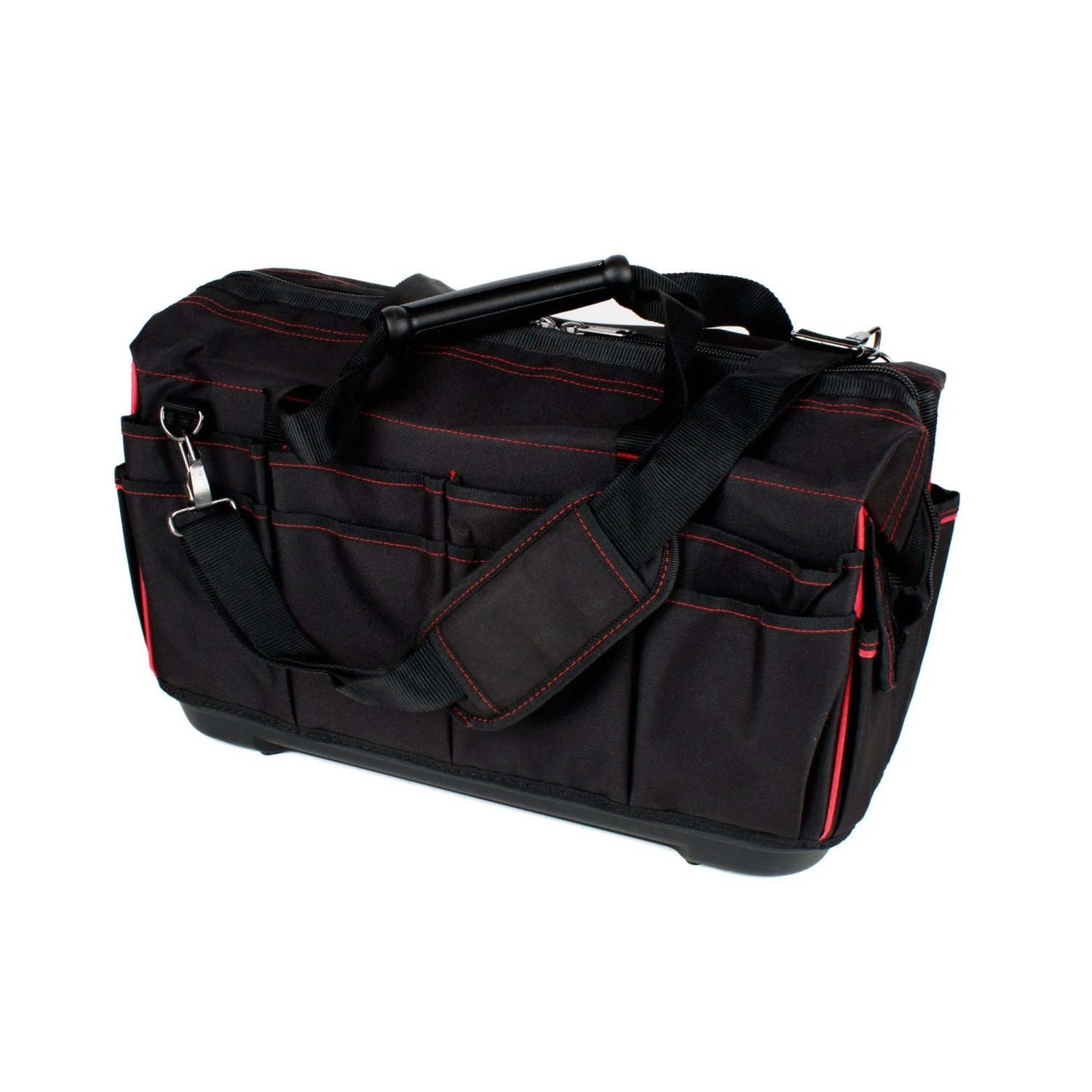 Mephisto Werkzeugtasche Echo mit Schultergurt, aus robustem Polyester, schwarz mit roten Akzenten.