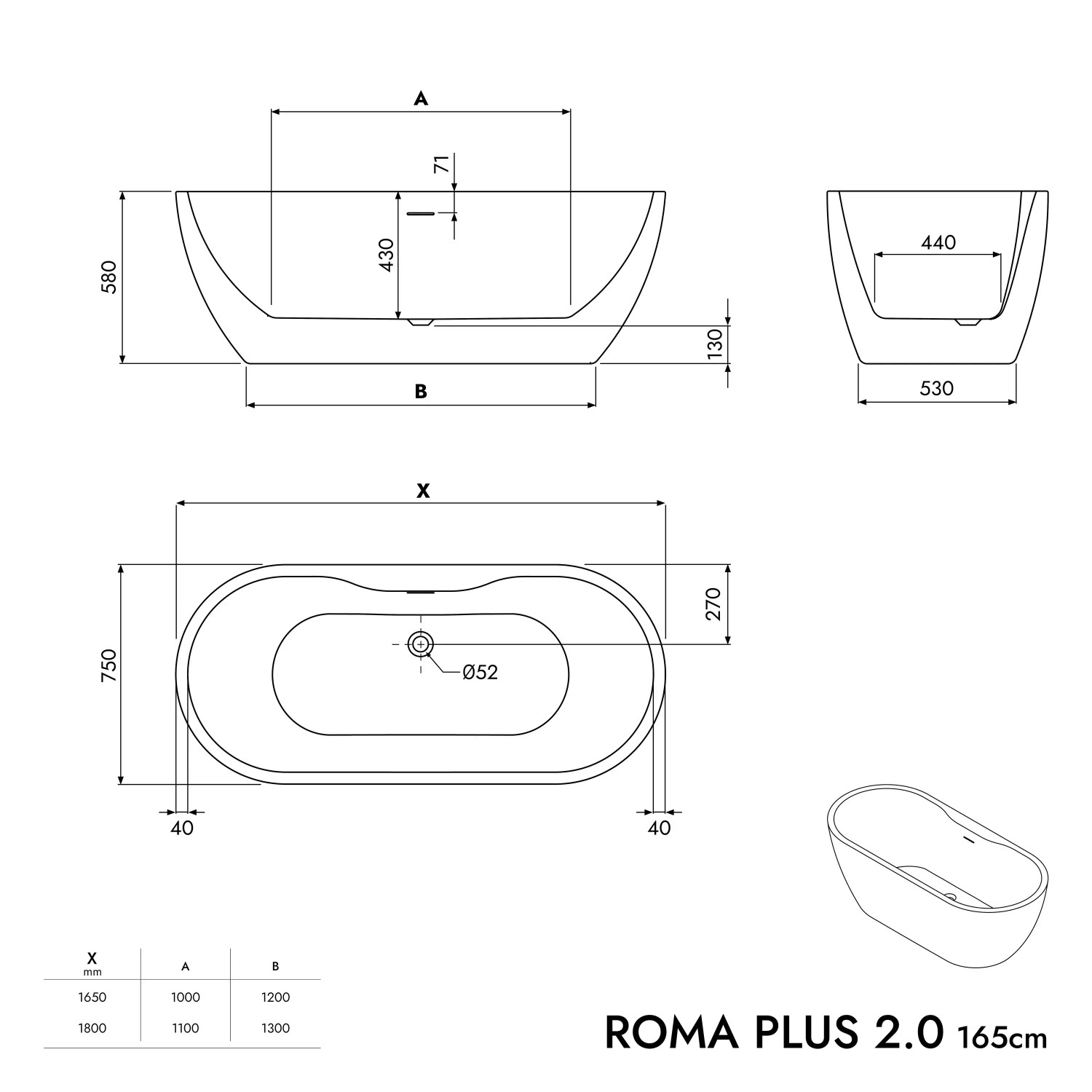 Technische Zeichnung der freistehenden Badewanne ROMA PLUS 2.0, Maße und Ansichten.