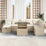 Beiges 9-teiliges vidaXL Garten-Sofa-Set aus Poly Rattan mit höhenverstellbarem Tisch.
