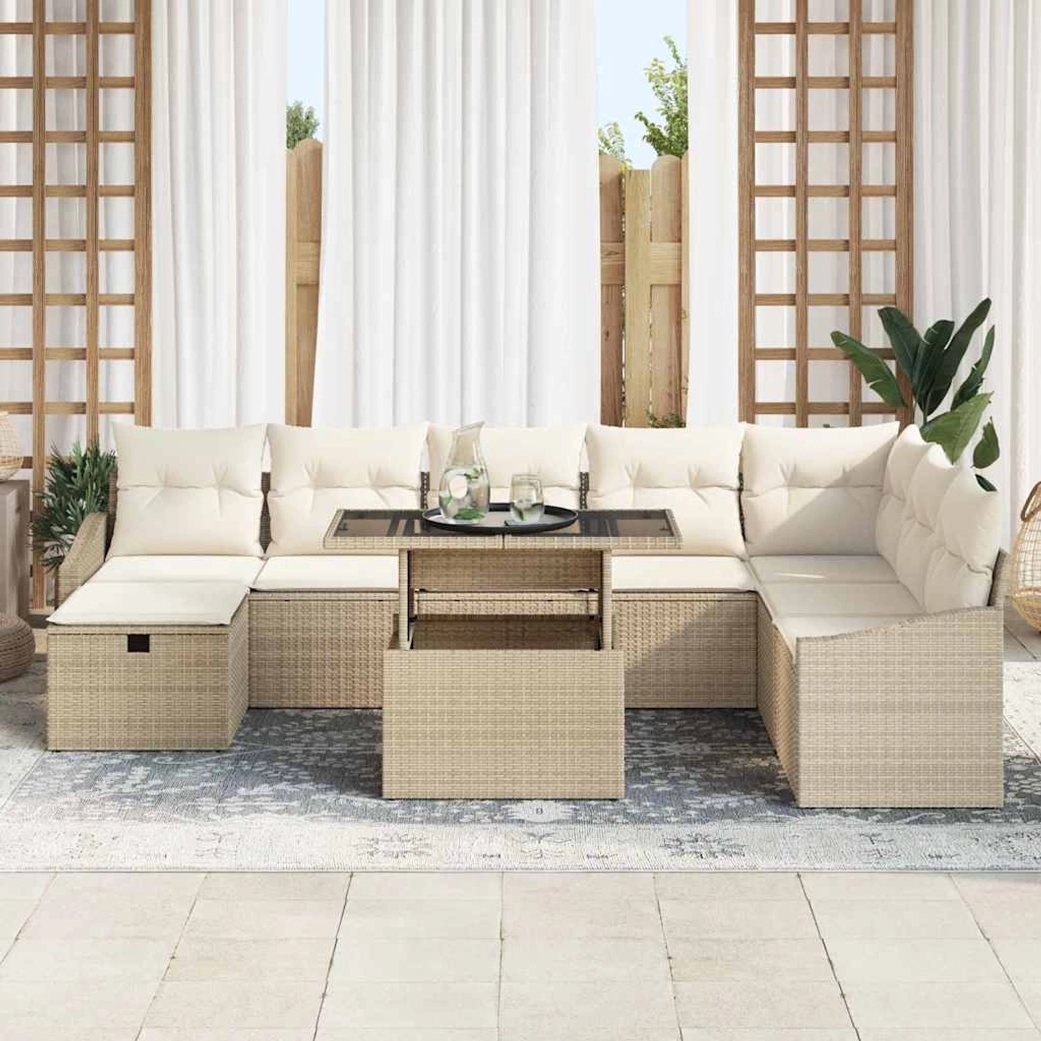 Beiges 9-teiliges vidaXL Garten-Sofa-Set aus Poly Rattan mit höhenverstellbarem Tisch.