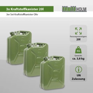 Drei olivgrüne 20-Liter Metall-Kraftstoffkanister mit Jerrycan-Verschluss und UN-Zulassung.