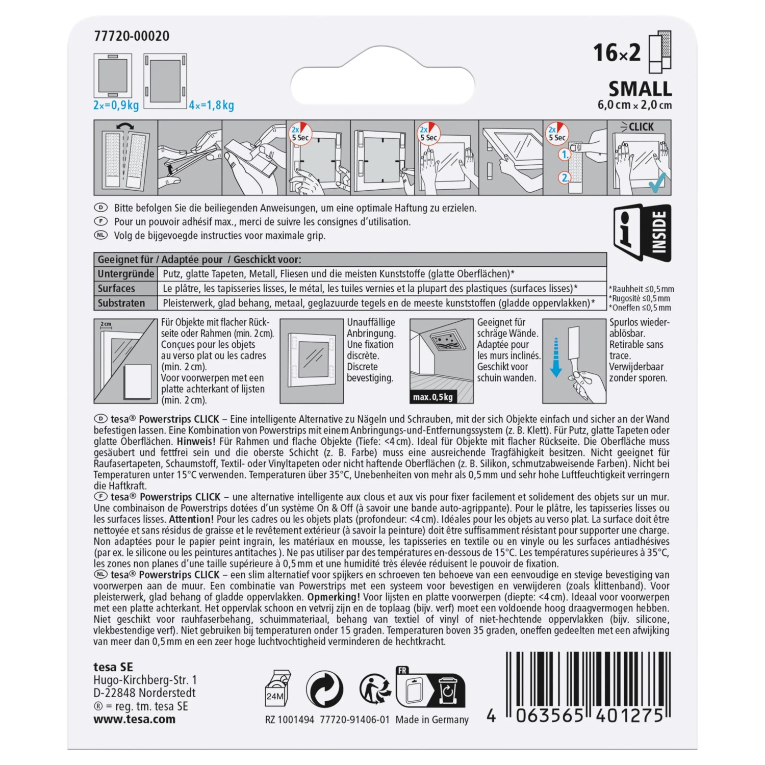 Tesa Powerstrips Click Small, 16 Stück, für Klebenägel zur einfachen, unsichtbaren Befestigung von Deko-Objekten.