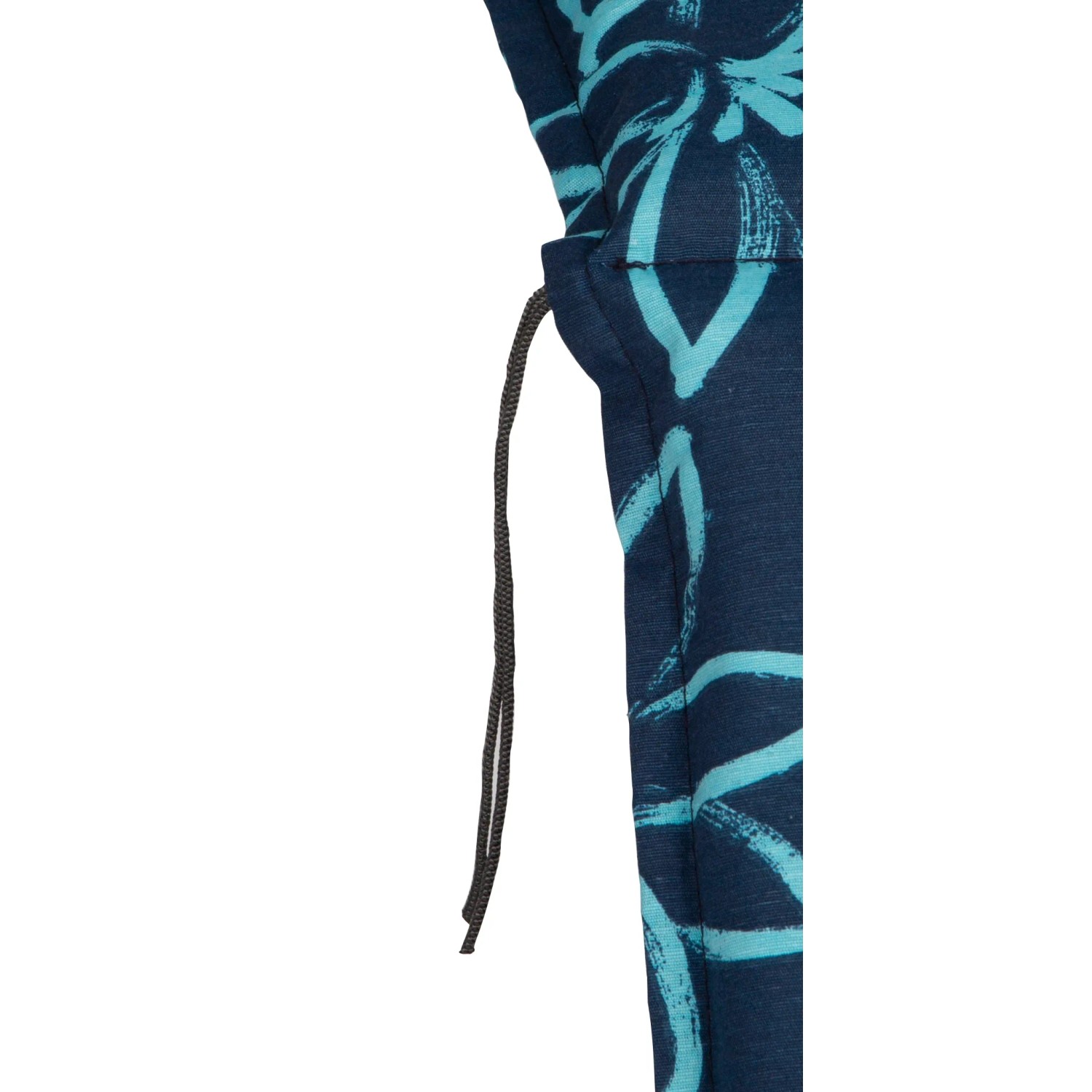 Detailaufnahme: Beo Sitzauflage Hochlehner Bunde, blaues Blumenmuster, Kordel.