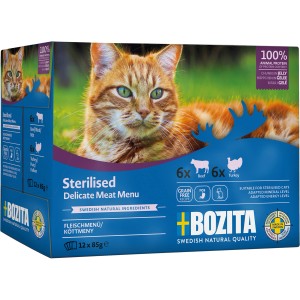 Bozita Katzen-Nassfutter Multibox mit Rind & Pute, 12 x 85g für sterilisierte Katzen.
