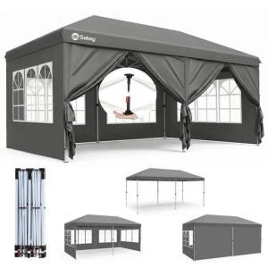 Dunkelgrauer Sekey Faltpavillon 3x6m mit 6 Seitenteilen, Fenstern & Pop-Up-System. Wasserdichter Sonnenschutz für Garten.