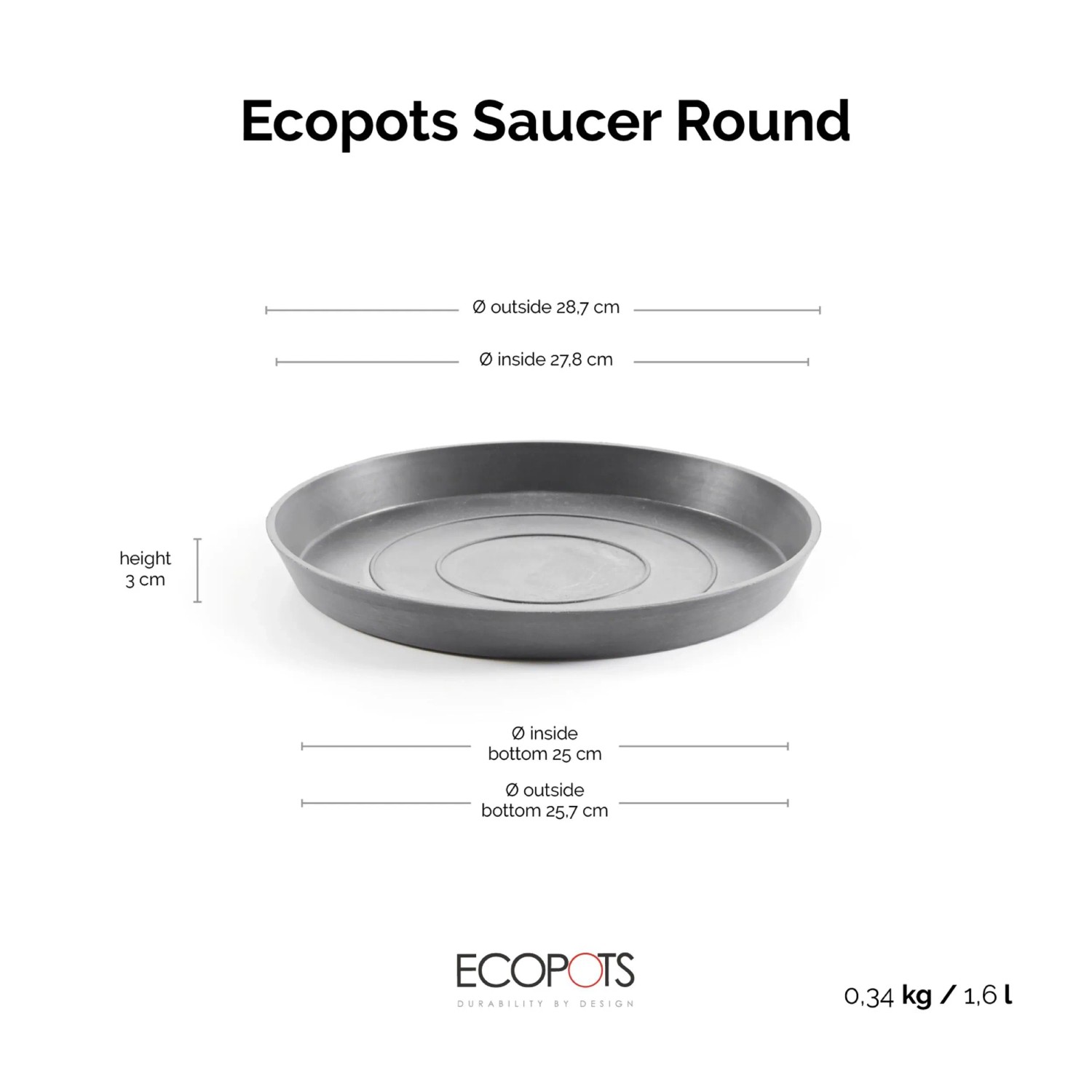 Runder Ecopots Untersetzer Amsterdam, grau, Ø 29 cm. UV- & frostbeständig für Innen- und Außenbereich.