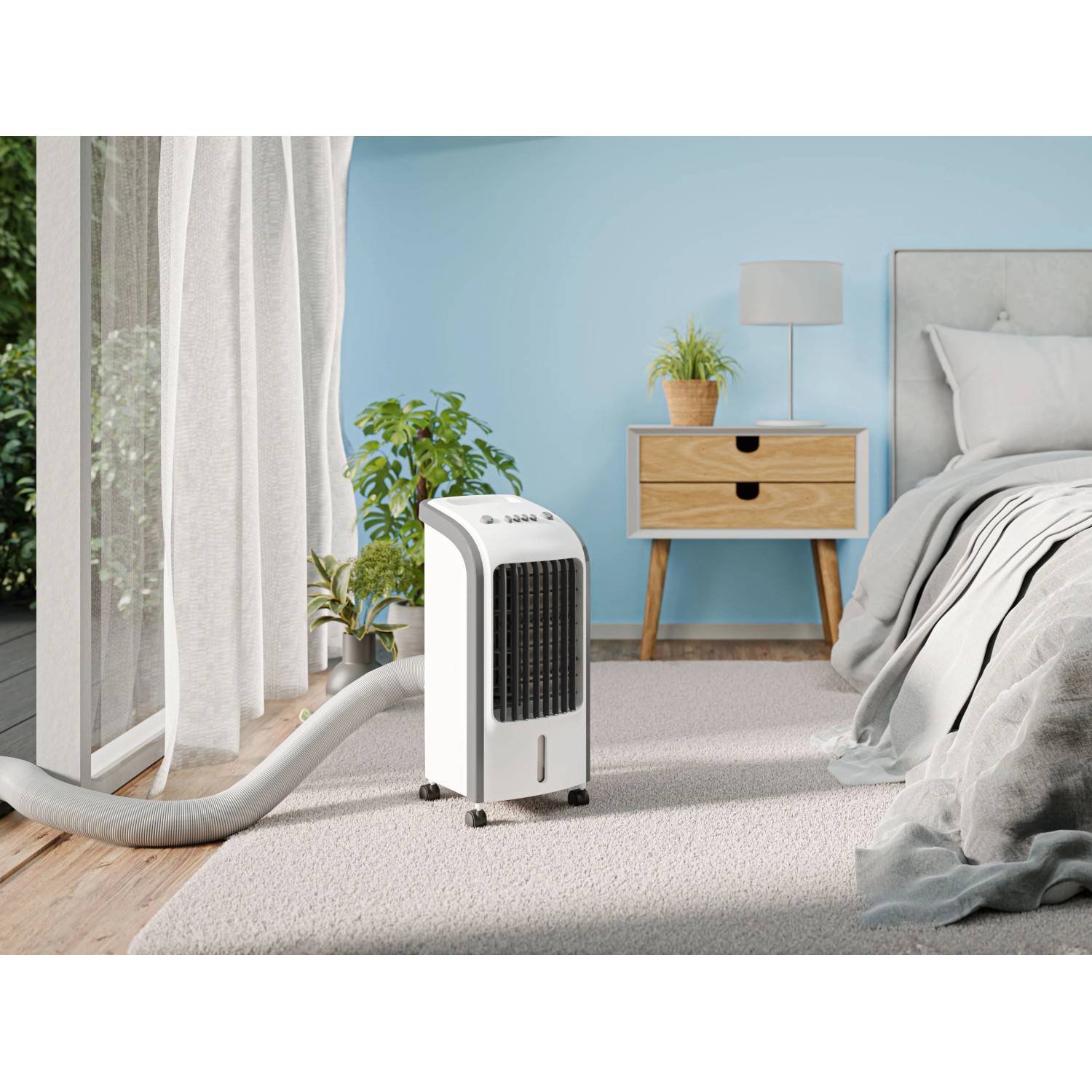 Weiß-grauer Luftkühler Cool Air LK-8026 mit Abluftschlauch in Wohnraum-Szene.