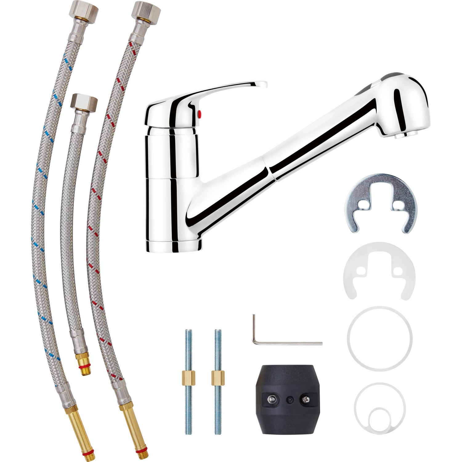 baliv Küchenarmatur KI-5091 Chrom mit Zubehör wie Schläuche und Befestigungsmaterial.