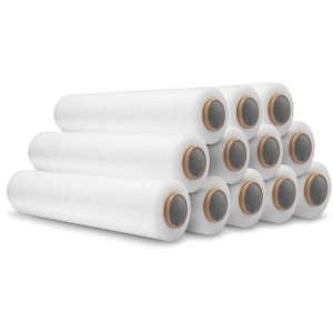 12 Rollen transparente DeTec. Stretchfolie zur Palettensicherung und zum Verpacken.