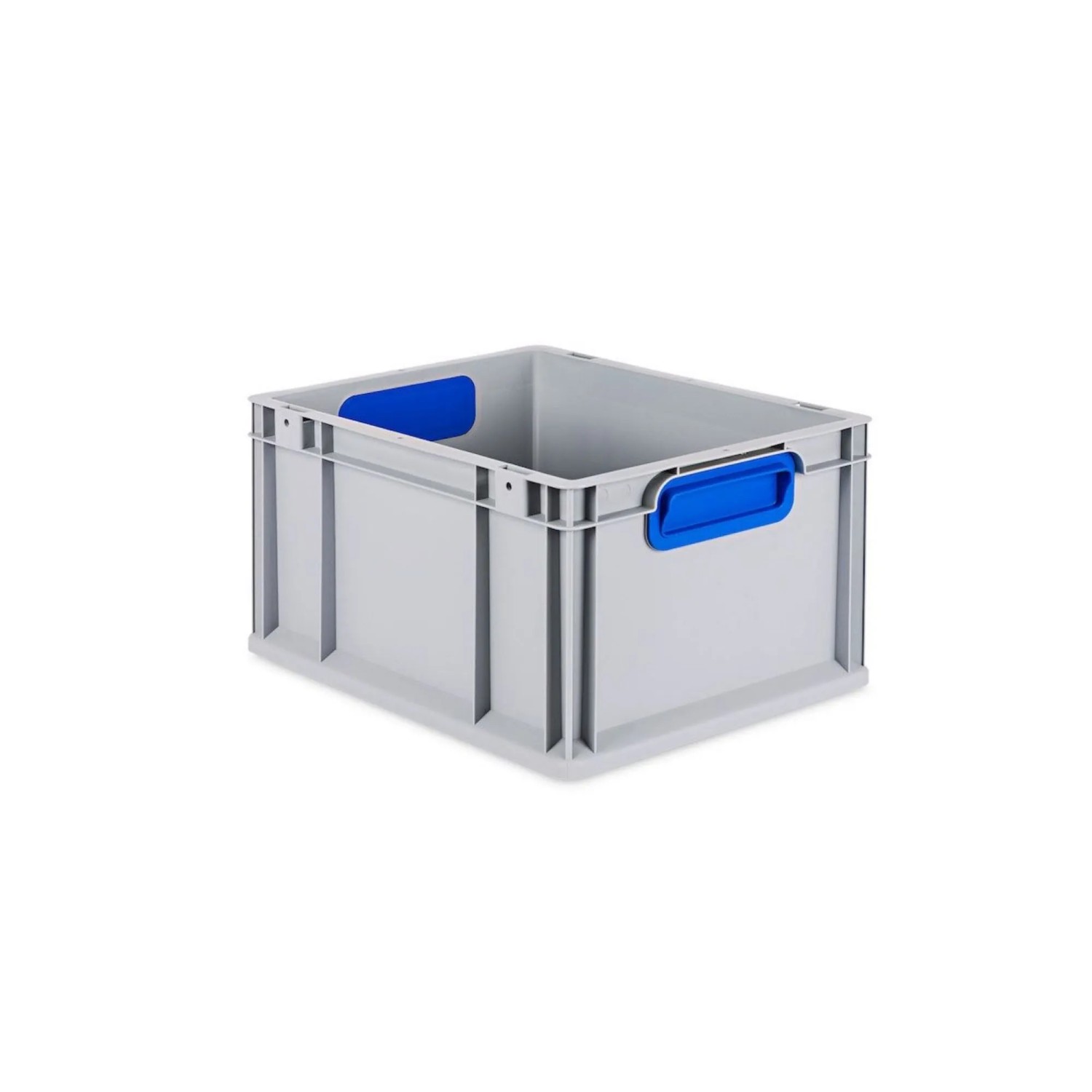 Graue PROREGAL Eurobox mit blauem Griff und Deckel, 22x30x40 cm, ideal zur Aufbewahrung.