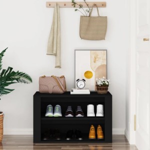 Schwarzes vidaXL Schuhregal (75x35x45 cm) aus Holzwerkstoff mit zwei Fächern und Schuhen.