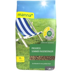 Manna Progress Sommer Rasendünger 18kg: Sack mit Rasendünger für einen grünen Rasen im Sommer.