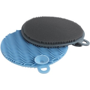 Wenko Silikon Spülschwamm Soft 2er-Set in Blau und Grau, Küchenhelfer mit Noppen und Saugnapf.