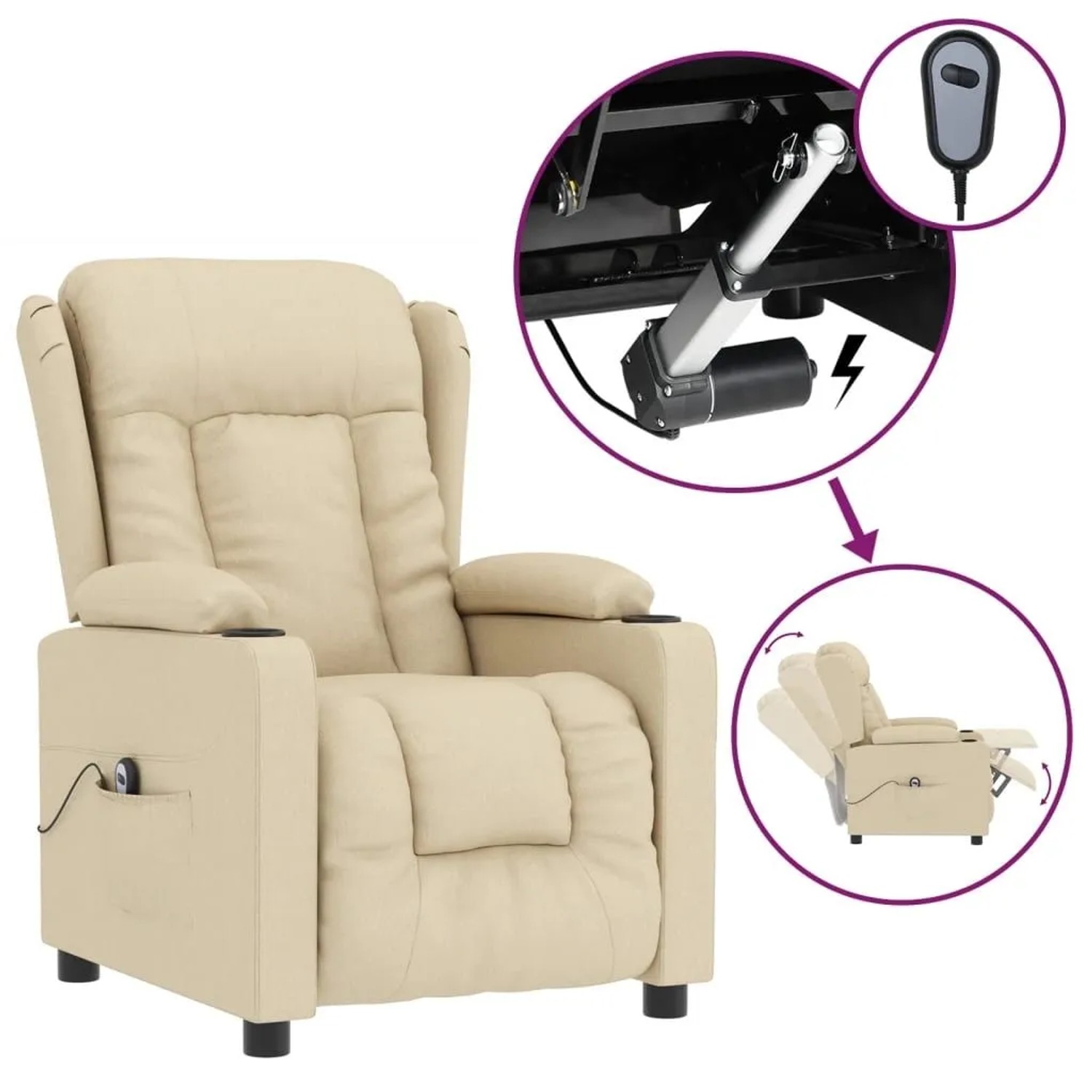 Elektrischer Relaxsessel in Creme mit Getränkehaltern und Funktionsweise im Detail.