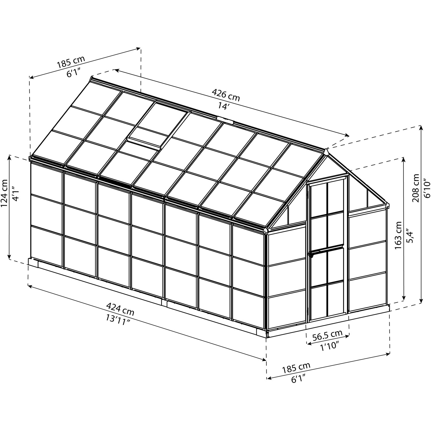 Technische Zeichnung: Silbernes Palram Canopia Gewächshaus 7,9 m² mit Maßangaben.