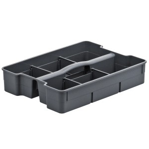 Anthrazitfarbener Rotho Organizer Evo für 15 l Aufbewahrungsboxen, mit Fächern und Griff.