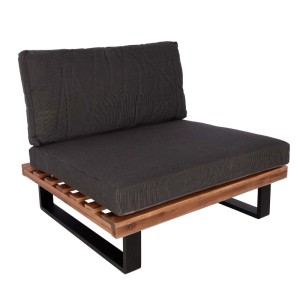 MCW Lounge-Sessel H54: braunes Akazienholzgestell, schwarze Metallfüße, dunkelgraue Spun Poly Polster. Bequemer Gartenstuhl.