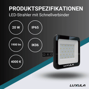 LUXULA LED Strahler 20W 1900lm Außenstrahler IP65 IK06 Fluter mit Schnellverbinder 4000K Neutralweiß Robuster Flutlichtstrahler Schwarz