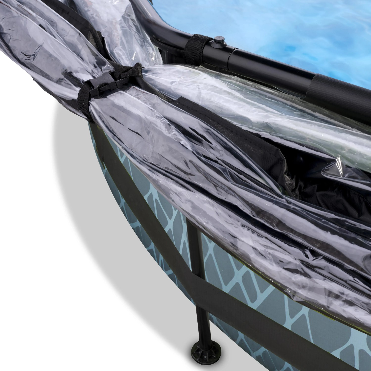Detailaufnahme: Grauer EXIT Stone Pool mit Abdeckung, Stahlrahmen sichtbar.