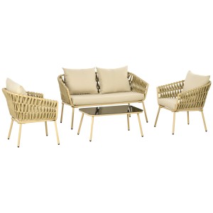 Outsunny Gartenmöbel-Set, 4-teilig, mit Rattansessel, Sofa, Tisch und Kissen für Terrasse und Garten.