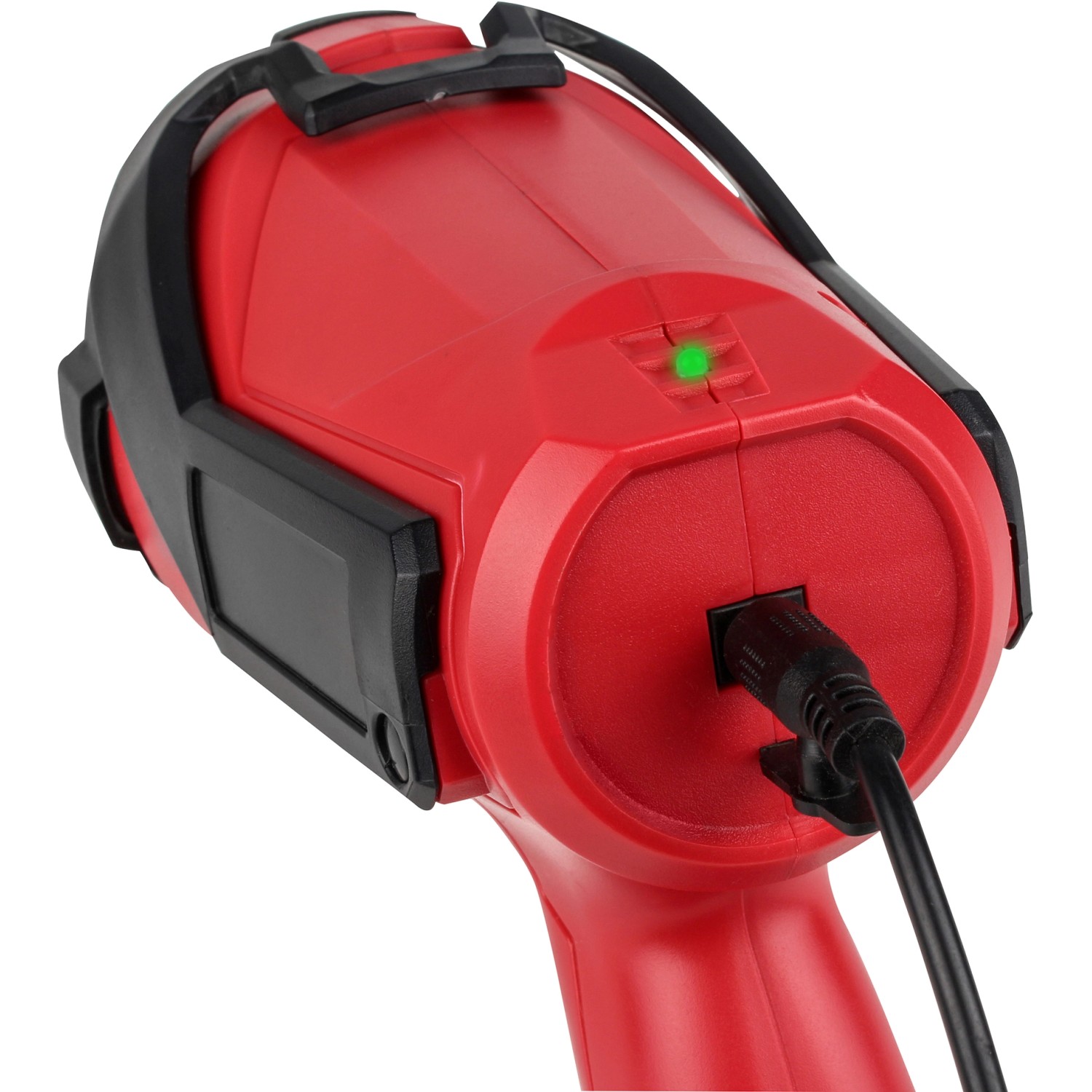 Roter Eufab LED Handscheinwerfer (3W) mit Ladekabel und grüner Ladekontrollanzeige.