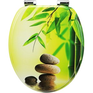 Sanfino WC-Sitz Garden Eden: Toilettendeckel mit Absenkautomatik, Holz, Stein- und Bambusmotiv.