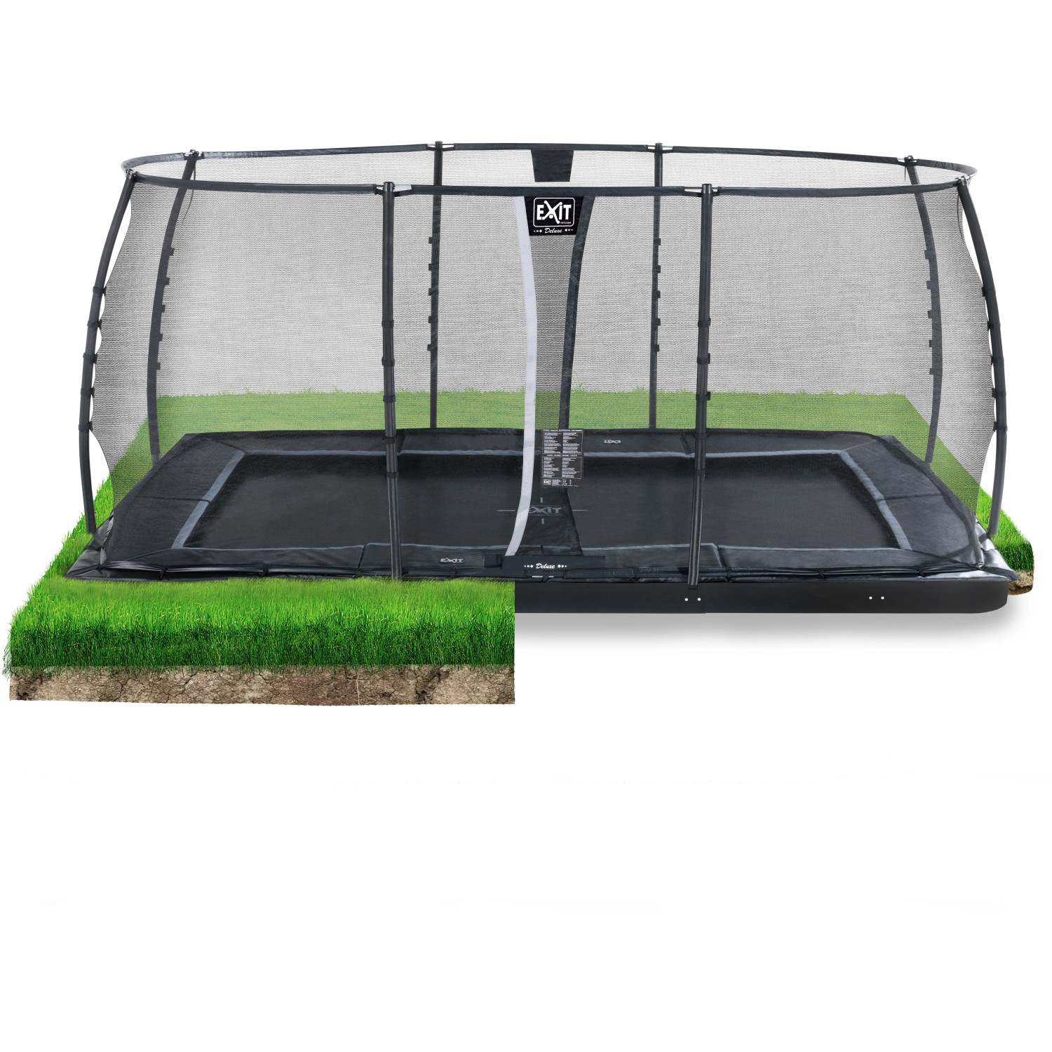 EXIT Dynamic Ebenerdiges Trampolin 305 cm x 519 cm mit Sicherheitsnetz Schwarz