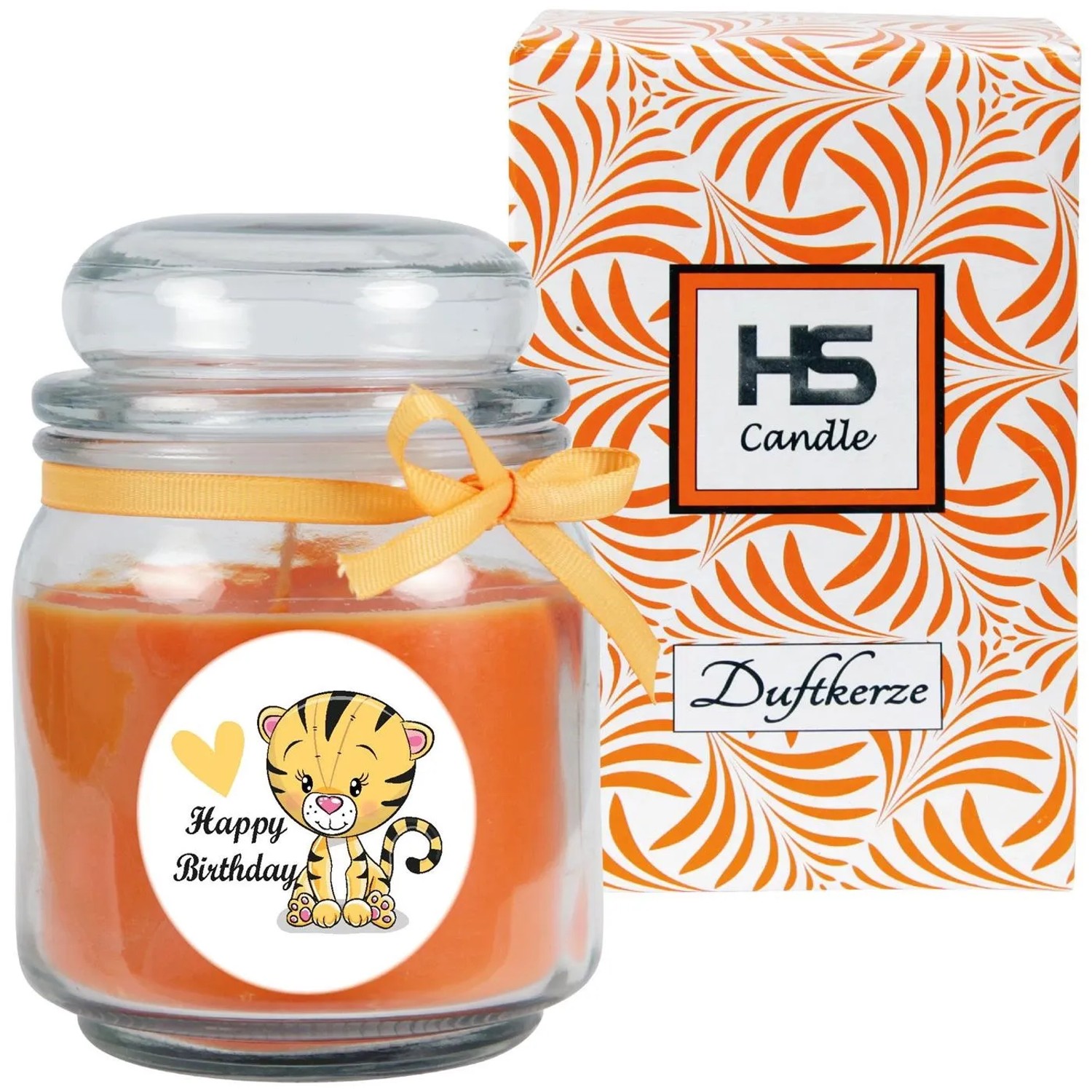 HS Candle Duftkerze Happy Birthday Tiger Honigmelone im Glas mit Geschenkverpackung.