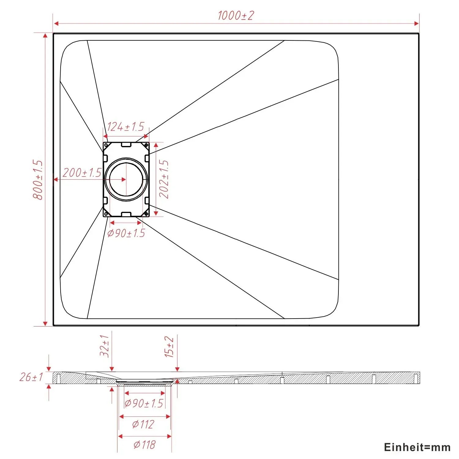 Technische Zeichnung der rechteckigen, weißen Aquabatos Duschwanne 100x80 cm in Schieferoptik mit Maßen.