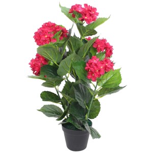 Künstliche Hortensie im Topf, 60 cm, rote Blüten und grüne Blätter. Dekorative Kunstpflanze für Innenräume.