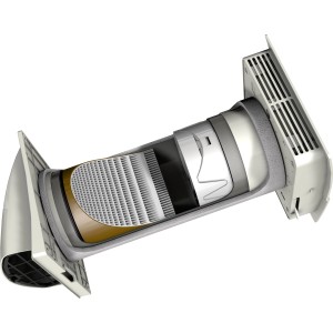 Querschnitt des Marley Frischluft-Wärmetauschers MENV 180 für Mauerlüftung, Details der Funktionsweise sichtbar.