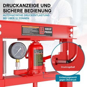 Rote Wiltec 12T Hydraulikpresse mit Manometer und sicherer Druckentlastung. Robustes Presswerkzeug aus Stahl.