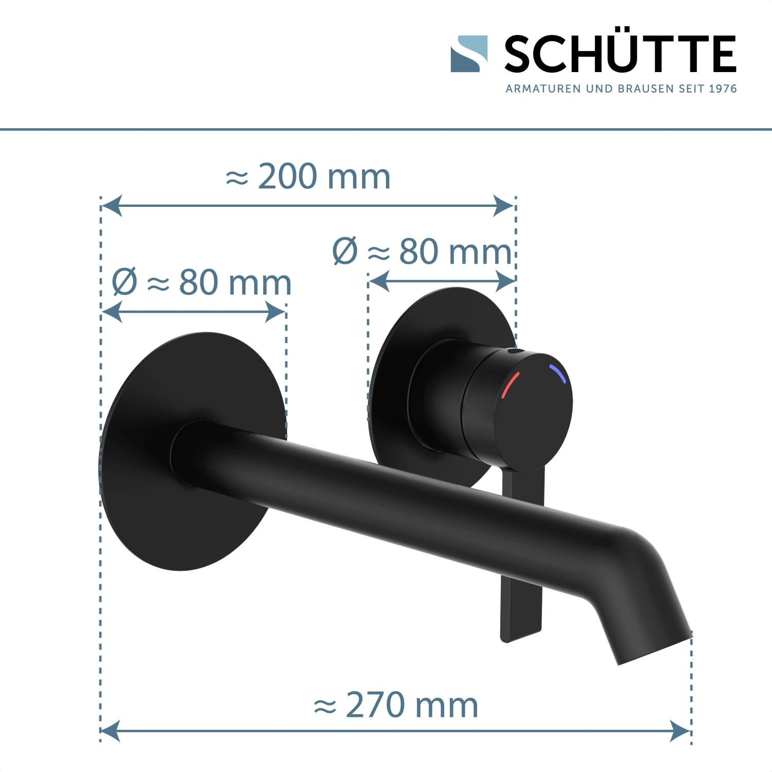 Schwarze Schütte Waschtischarmatur Los Angeles zur Wandmontage mit Maßangaben.