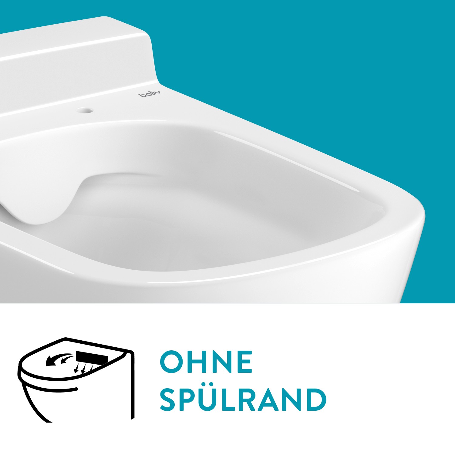 Detailaufnahme des spülrandlosen baliv Wand-WC-Set Cleveland in Weiß.