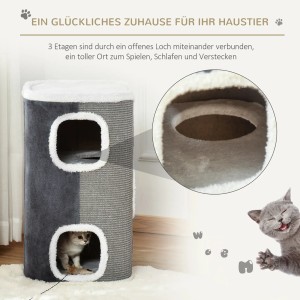 PawHut Katzenbaum Kratztonne mit 3 Ebenen in Grau und Sisal, ideal zum Spielen und Krallenwetzen.
