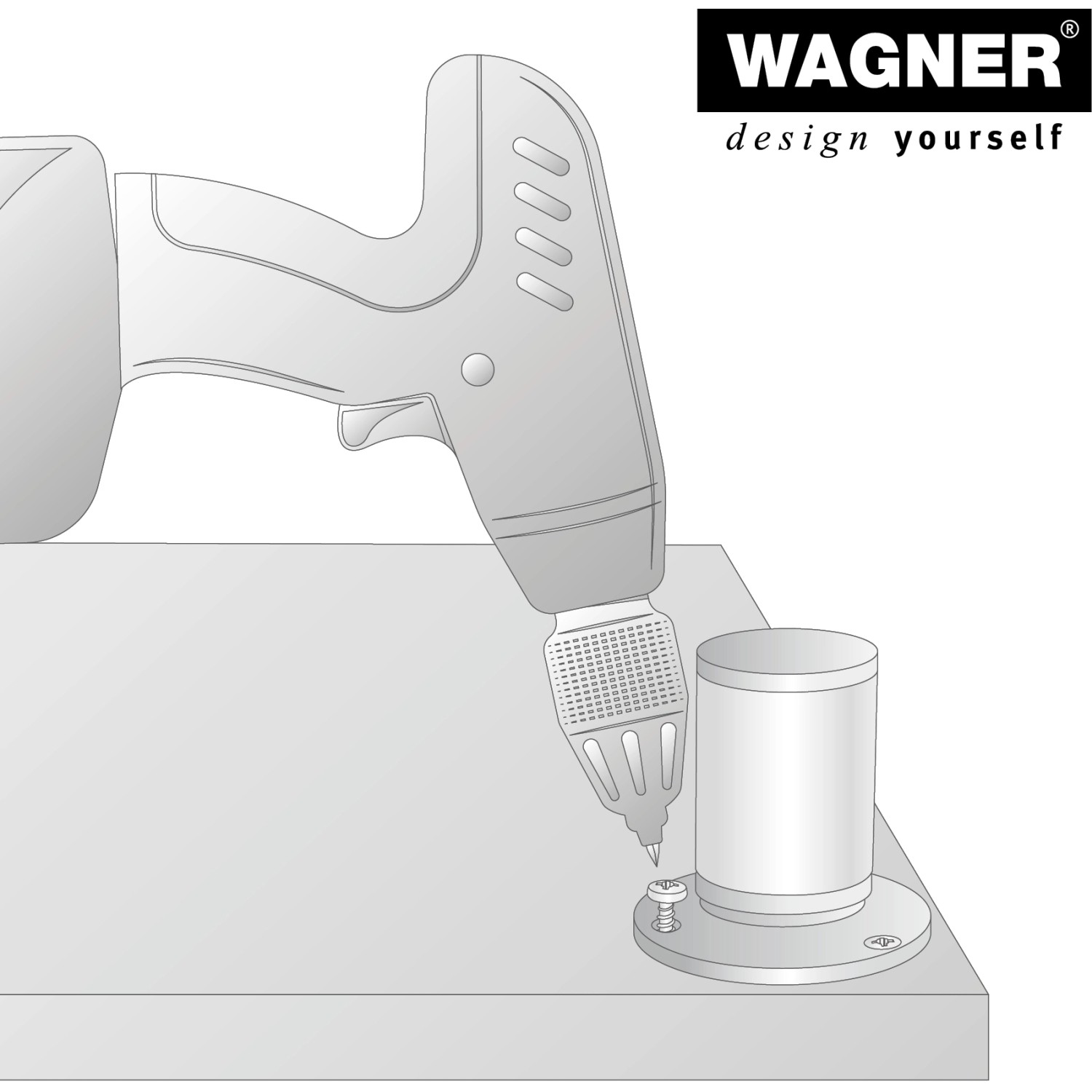 Montage eines schwarzen, justierbaren Wagner Möbelfußes (Ø 5 cm) mit einem Akkuschrauber.