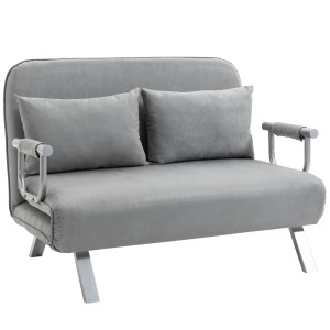 Graues 2-Sitzer Schlafsofa mit Armlehnen und Kissen. Modernes Design für Wohnzimmer oder Gästezimmer.