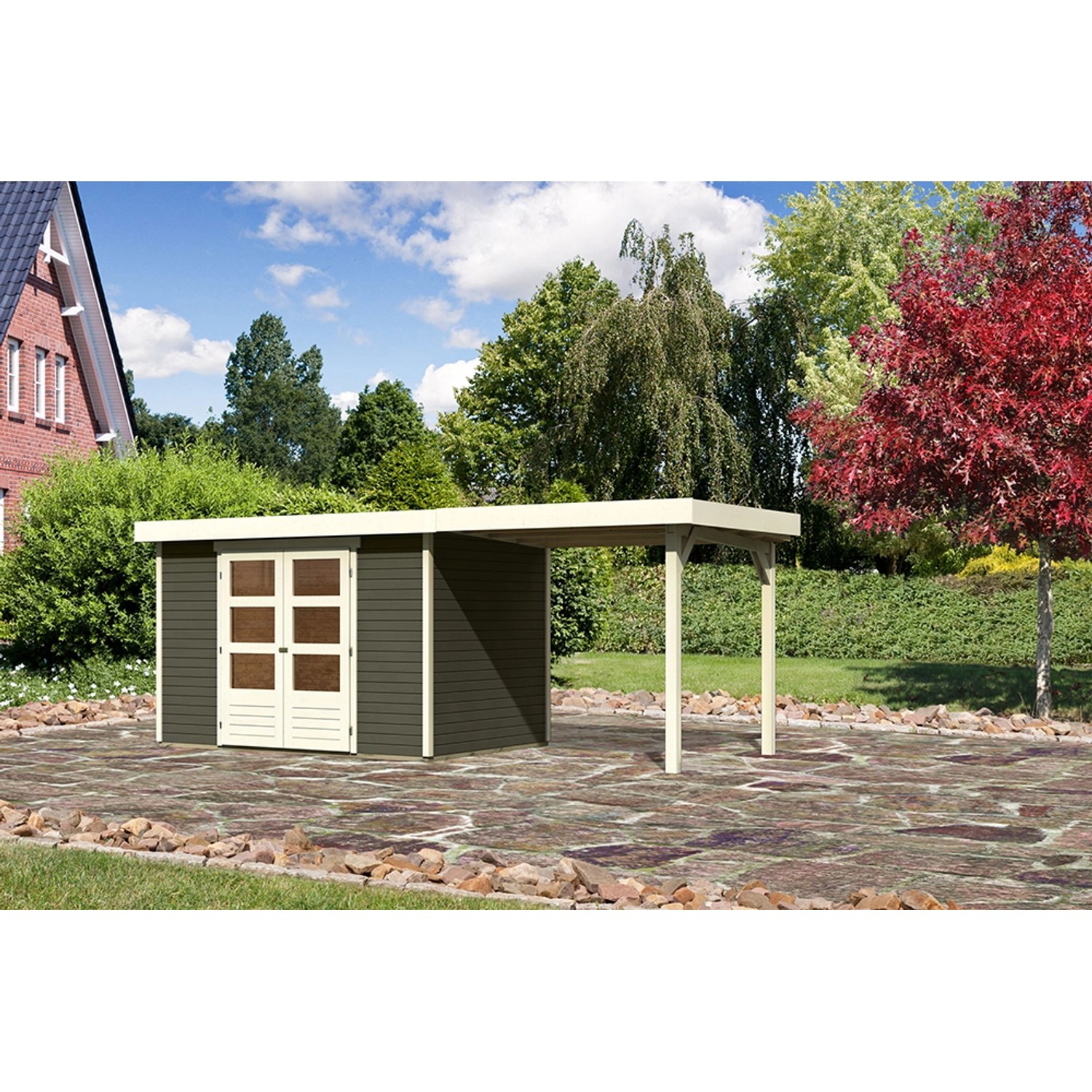 Karibu Holz-Gartenhaus Raala Terragrau Pultdach Lackiert 298 cm x 213 cm günstig online kaufen