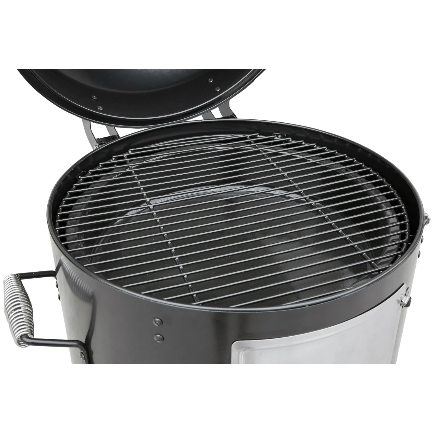El Fuego Kombigrill Staunton, schwarzer Smoker mit Grillrost und geöffnetem Deckel.