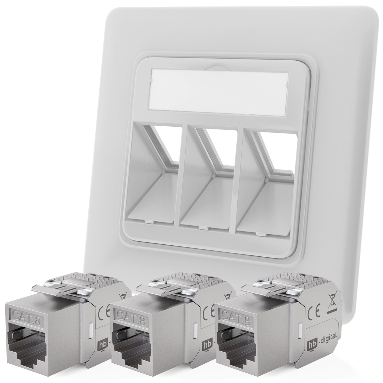 hb-digital Netzwerkdose Unterputz Einsatz 3 Port mit 3x Keystone Modul CAT 8 RAL9003