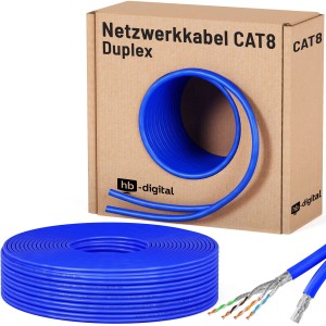 Blaues CAT 8 Duplex Netzwerkkabel, 25m, mit Schirmung und Kabeltrommel im Hintergrund.