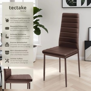 Tectake Esszimmerstuhl Thomas, gepolstert, Kunstlederbezug Cappuccino, hohe Rückenlehne, schlanke Stahlbeine. Modernes 6er Set.