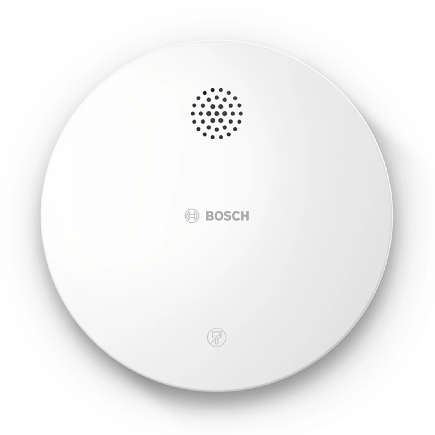 Weißer Bosch Smart Home Rauchwarnmelder II für Hausautomation. Warnt per Sirene und App.