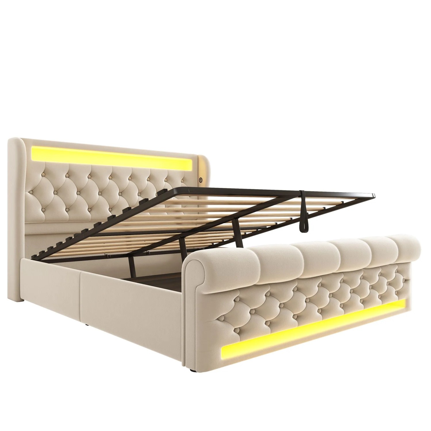 Merax Polsterbett 140x200cm LED USB-C Hydraulik Beige