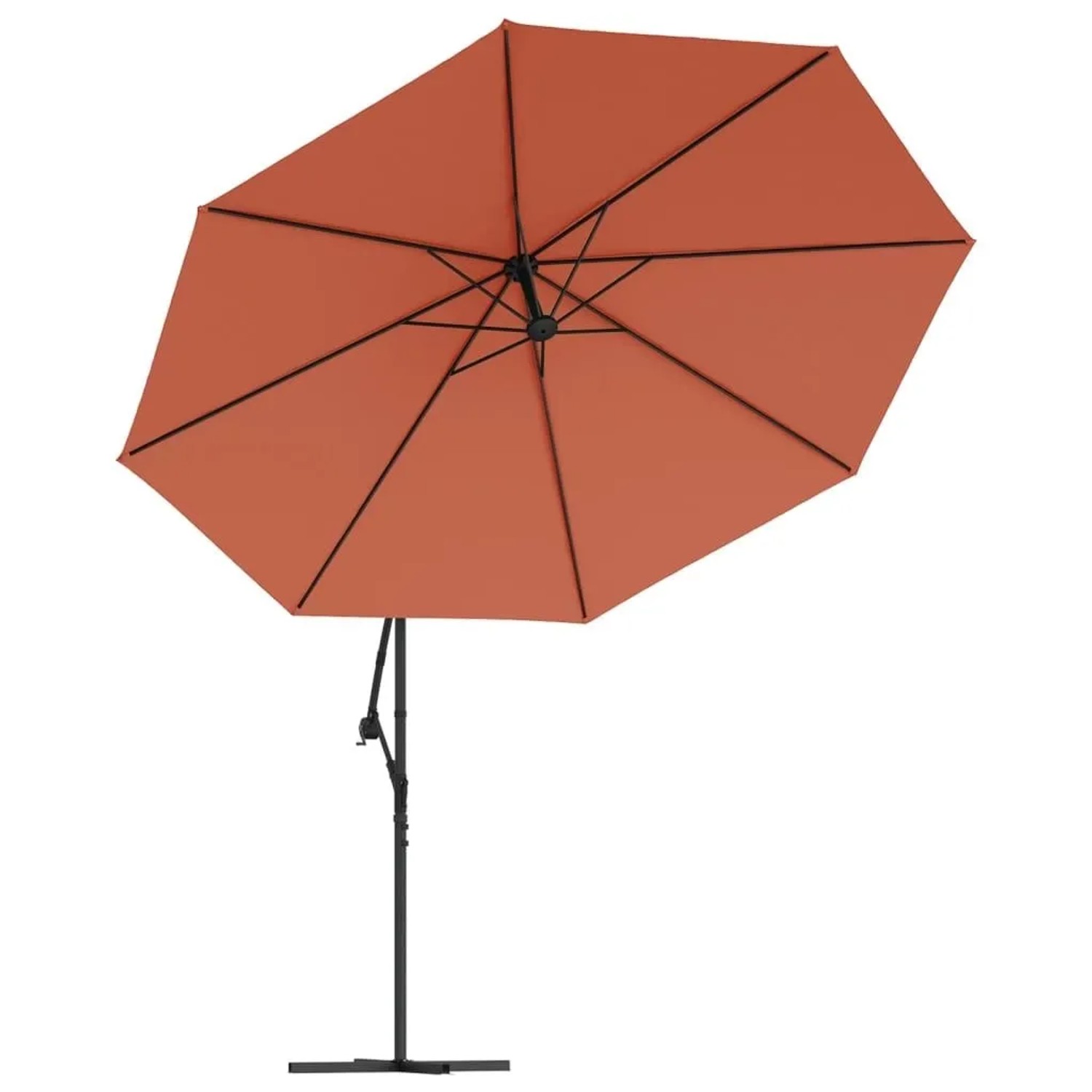 Terrakotta-roter Ampelschirm mit 350 cm Durchmesser und schwarzem Metallmast für Garten und Terrasse.