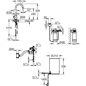 Technische Zeichnung: Grohe Mono Standventil mit Boiler, Maße und Anschlüsse dargestellt.