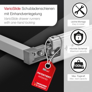 SOTECH VarioSlide Schubladenschienen KV2-100-H53-1050 EH 1050 mm bis 100 kg Einhandverriegelung Eloxiert für Schubladen ohne Front bis 600 mm Breite