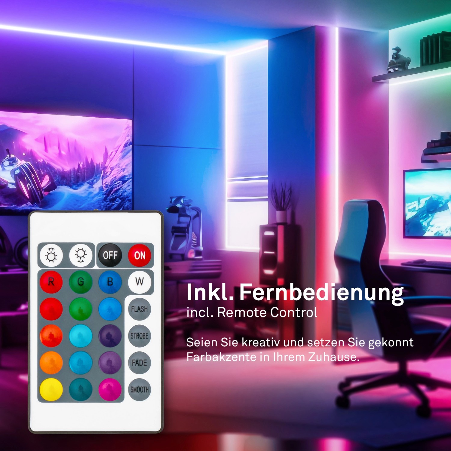 Briloner LED-Band Starter-Set mit RGB/W und Fernbedienung in einem Gaming-Zimmer.